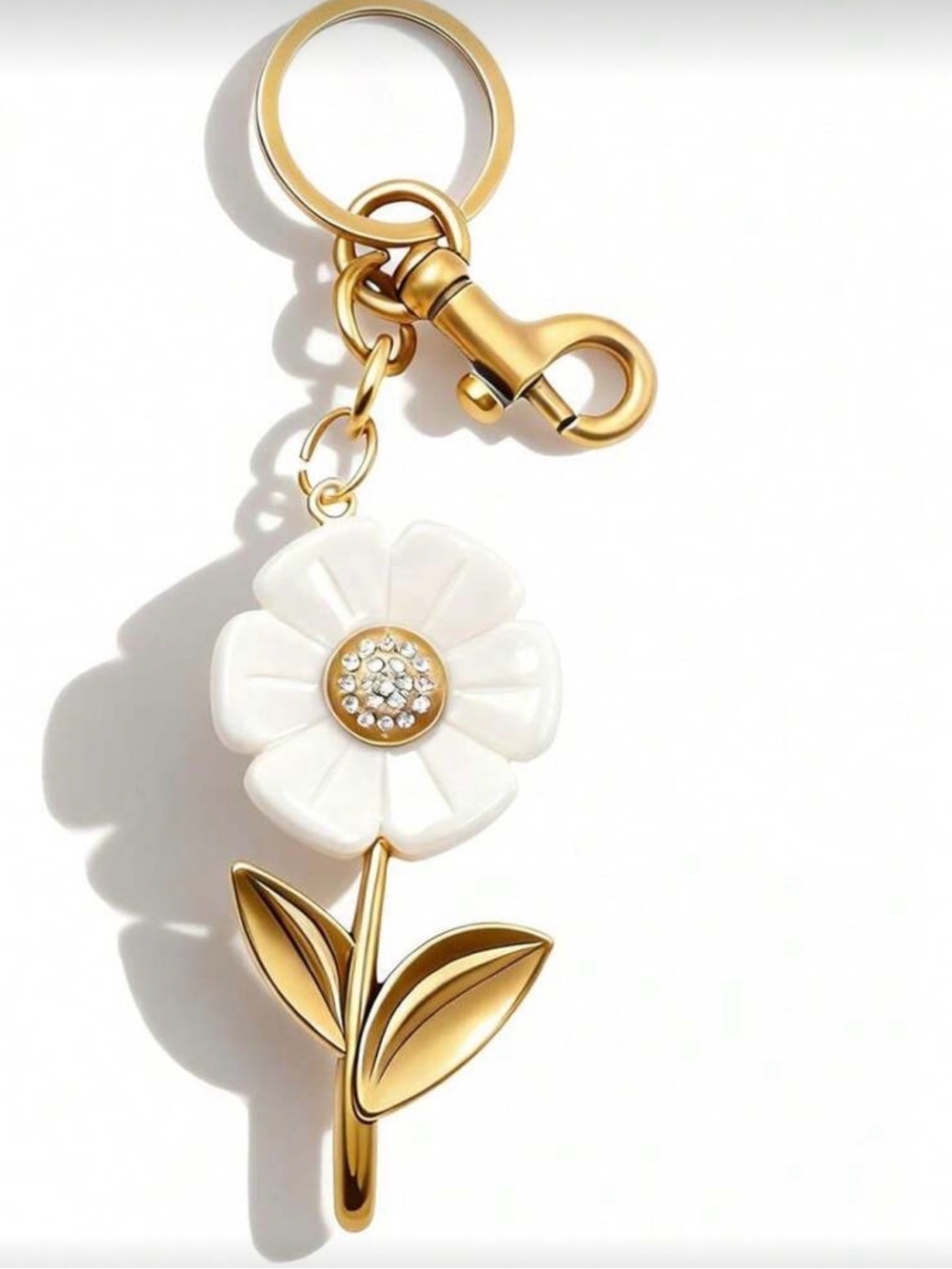• A Date with Daisy• White Flower Bag Charm Gold Tone | Luxe Floral Keychain - Picture 1 of 2